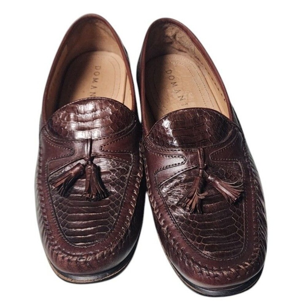 Domani Brown Leather and Snakeskin Tassel Loafers Size 9.5
